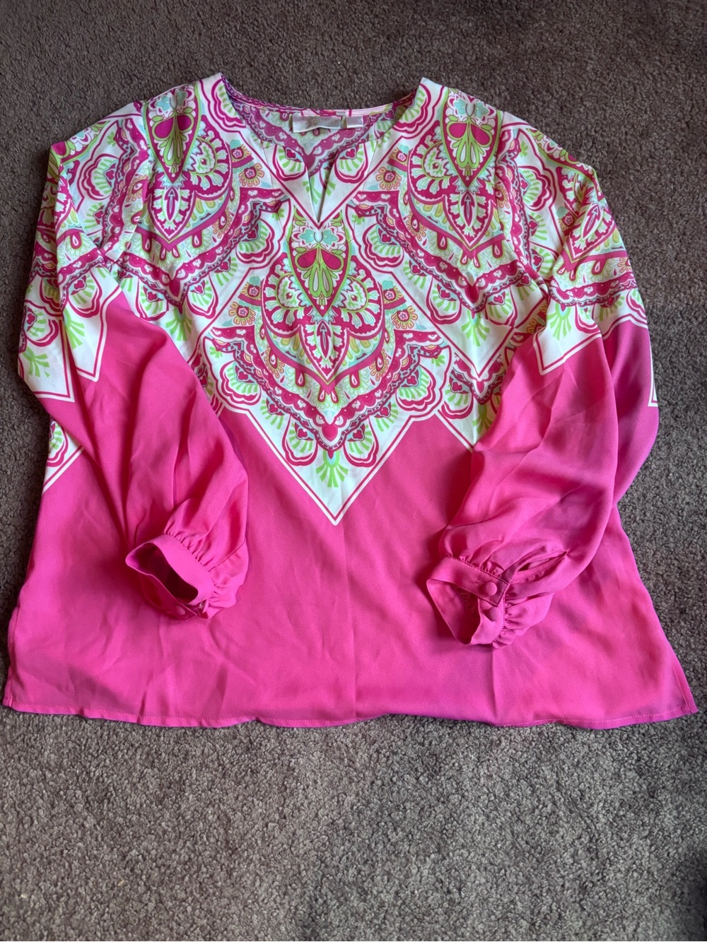 Pink Printed V-Neck Long-Sleeve Blouse with Paisley Yoke